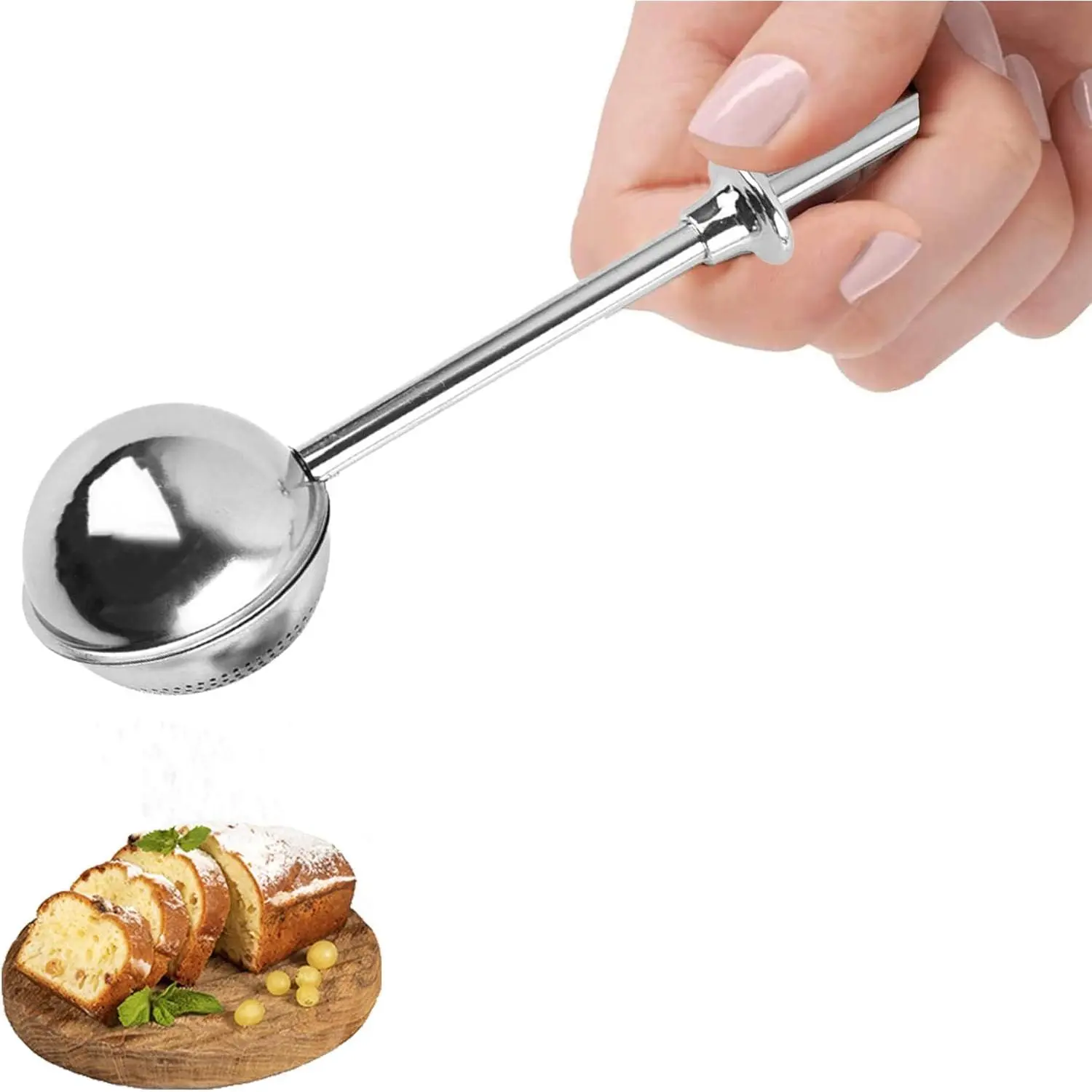 Powdered Sugar Shaker Duster, Flour Sifter for Baking, Baker's Dusting Wand Dispenser with Spring-Operated Handle One-Handed Operation, Stainless Steel Spices Sugar Strainer Steeper  Balls