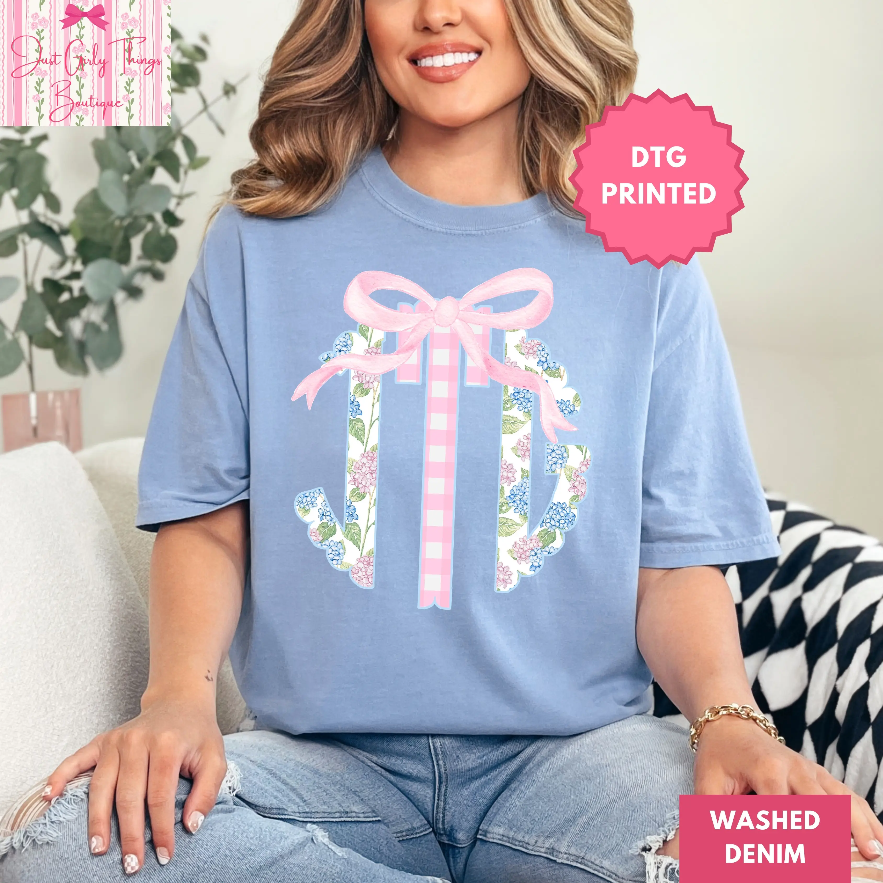 Custom Grandmillennial Monogram Shirt ~ (Leave First Name Initial, Last Name Initial, Middle Name Initial in Notes at Checkout), Checkered Shirt, Custom Name Shirt, Personalized Name Shirt, Custom Monogram Shirt, Floral Monogrammed Shirt