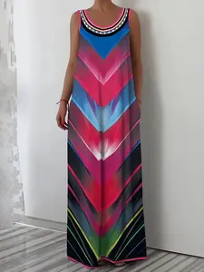 Women's Plus Size Printed Sleeveless Vest Dress, Loose Fit Slimming Cover-Up, Casual Vacation Dress, Casual Boho Sundress, Daily Home Wear, Versatile Fashion, Womenswear