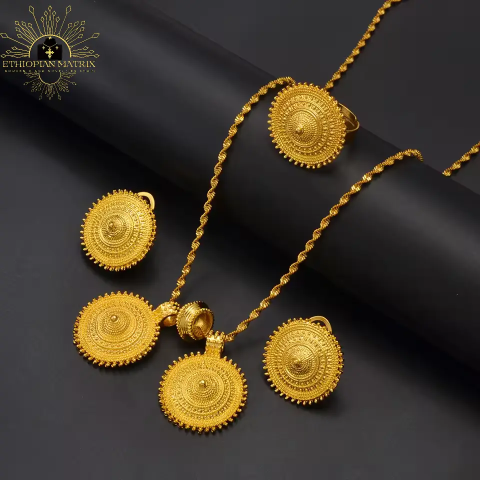 Habesha 3-Piece 24KGP Gold Sun Shield Jewelry Set - Ethiopian Eritrean Traditional Necklace, Matching Earrings & Ring for Weddings
