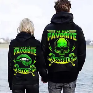 Skull Lip Couple Hoodie I Am Her Favorite A* I Am His Favorite B* Menswear Sweatshirts Decoration Jet Print Tops Yarn Pullover Long Sleeve Casual Cotton Black