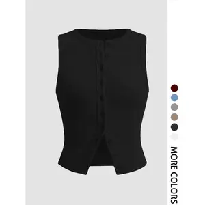 Women's Plain Button Front Ribbed Crop Tank Top, Casual Sleeveless Round Neck Top for Daily Wear, Ladies Clothes for All Seasons