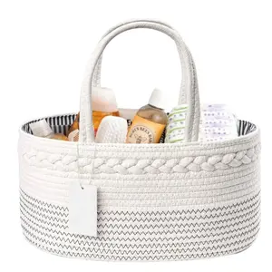 Baby Diaper Caddy Organizer, Large Cotton Rope Nursery Storage Basket, Portable Changing Table Organizer Bag With Removable Divider, Car Travel Diaper Storage Organizer