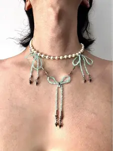 Handmade Mint Green Beaded Necklace with a Sweet and Cool Style for Layered Wear