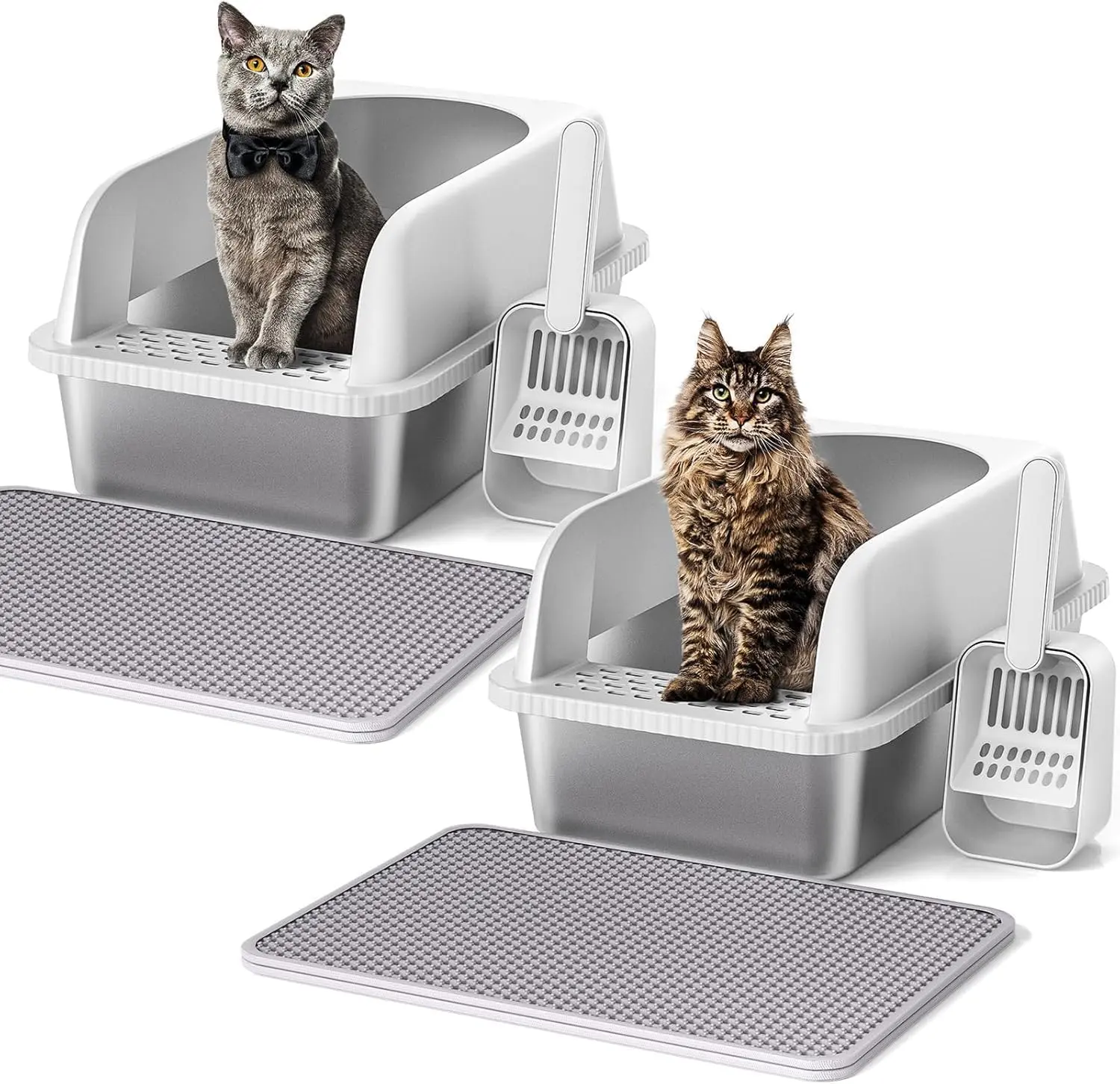 2 Pack Stainless Steel  Litter Box with Lid, 20" L x 14.2" W x 11.8" H,  Litter Box for Big Cats with High Sided, Anti- Leakage, Easy Cleaning, Include  Mat and Scoop
