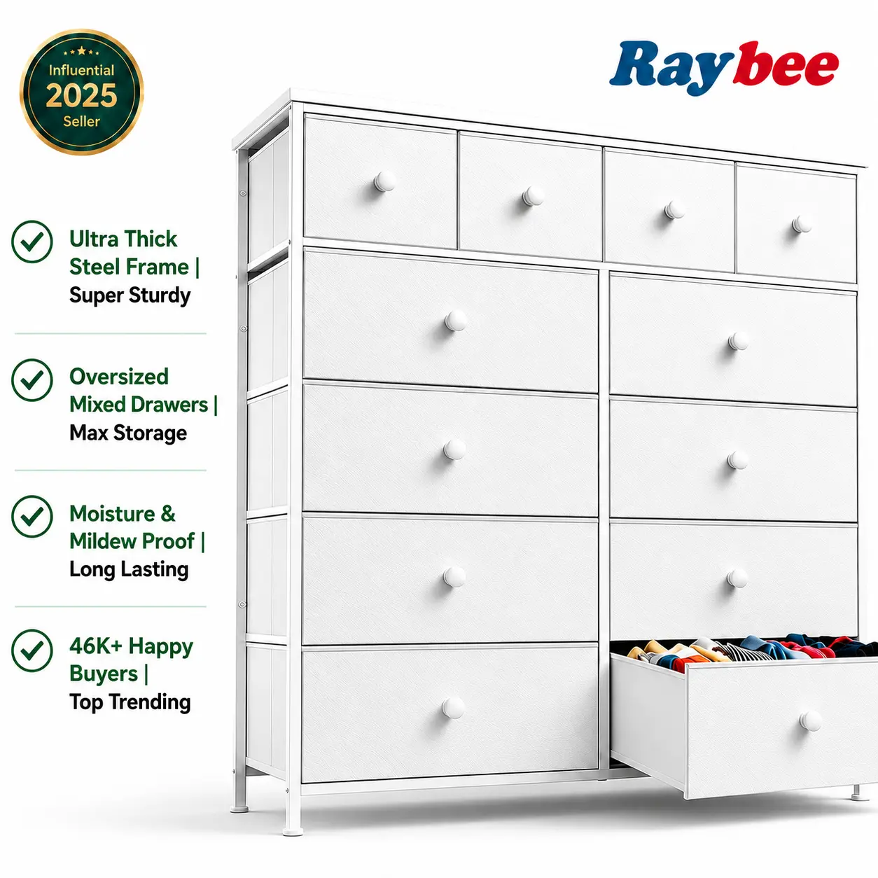 Raybee 12 Drawer Fabric Dresser, 40" Tall Storage Tower, Affordable Wide Chest of Drawers with Thickened Alloy Frame Wooden Top, Budget Friendly Clothes Organizer for Bedroom, Closet, College Dorm, Apartment Renters, Guest Room, Bedroom Vanity Furniture
