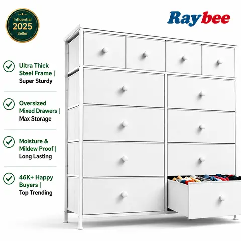 【Limited Deal】Raybee 12 Drawer Fabric Dresser for Bedroom Closet, Tall Storage Tower & TV Stand, Thickened Metal Frame Wood Top, Budget Friendly Space Saving Clothes Organizer Cabinet for Dorm Apartment, Cute Aesthetic Vanity Room Decor #StorageHacks