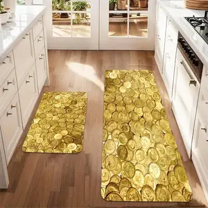 Gold Coin Pattern Kitchen Rugs, 2 Counts/set Non-slip Kitchen Mat, Soft Kitchen Rugs, Kitchen Decor, Home Decor, Room Decor, Kitchen Area Rug