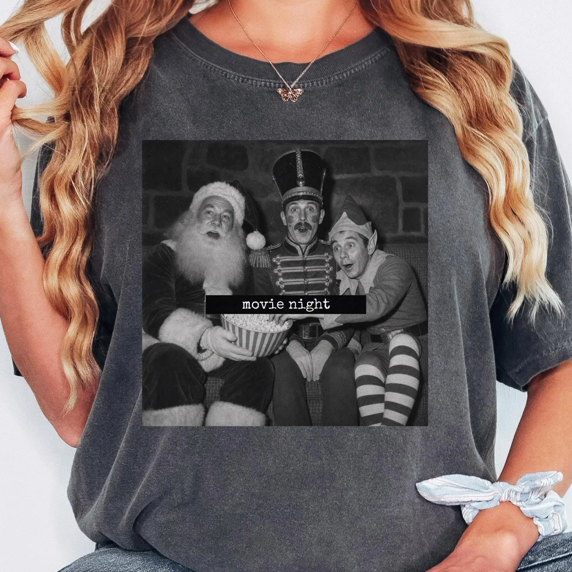 Holiday Movie Night Shirt Vintage Christmas Graphic Tee Retro Santa Crewneck Cute Elf Nutcracker Clothes Cozy Winter Comfort Colors Tshirt