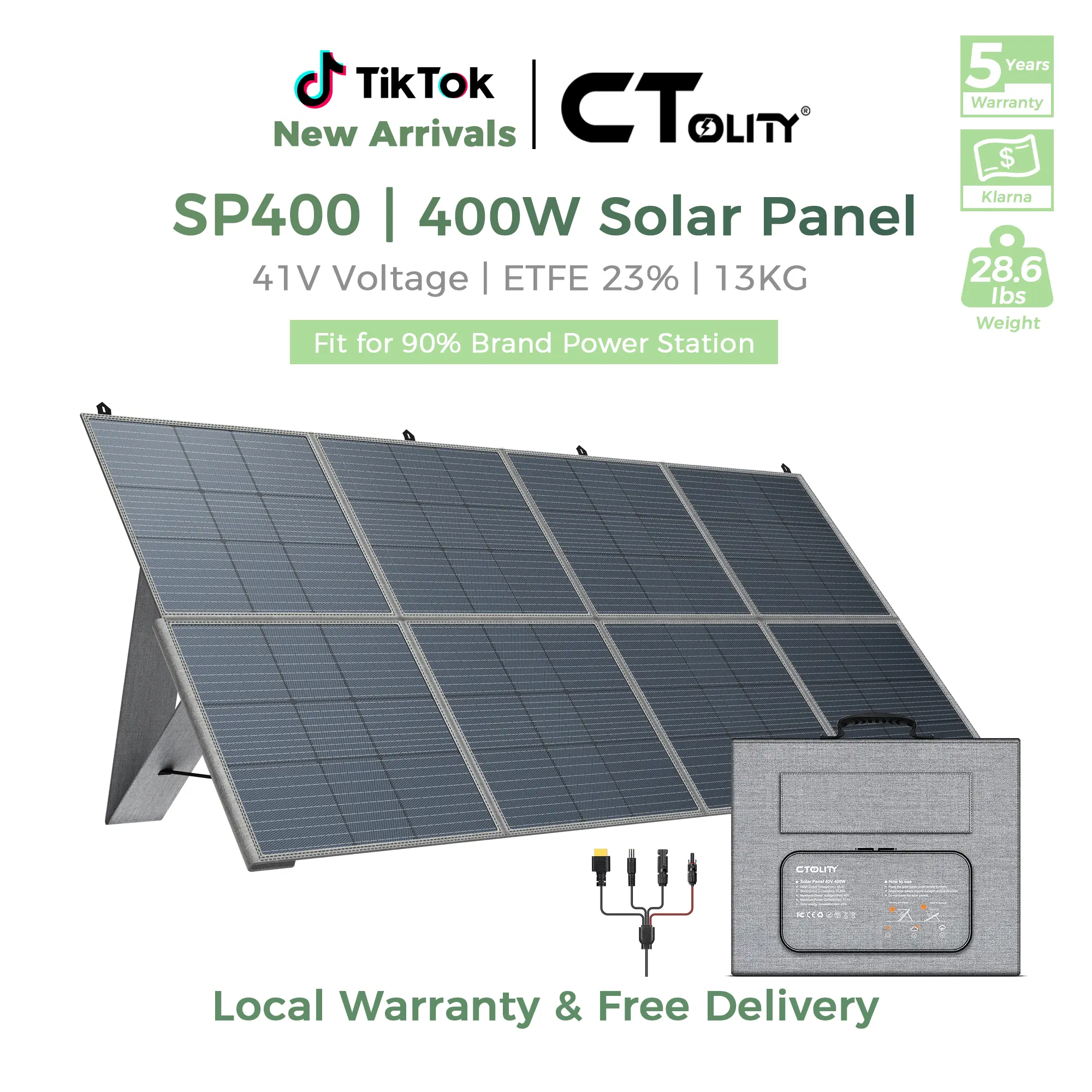 CTOLITY SP400 High Efficiency Single Crystal Off Grid Solar Panel (400W, 18V 22.2A) - Foldable Portable Charger with MC4/XT60 Connector, 12AWG Cables for RV Camping, Portable Power Station - 5-Year Warranty, Rechargeable Solar Panel