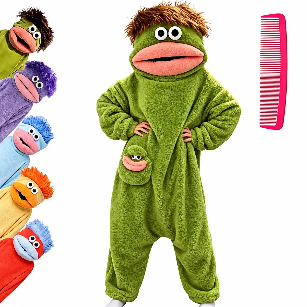 Funny Monster Onesie Pajamas, Plush Coral Fleece Hooded Jumpsuit with Big Mouth Character Design, Long Sleeve One Piece Sleepwear with Pockets and Comb, Colorful Novelty Loungewear for Adults and Kids