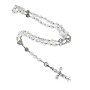 Rosary Beads Catholic Necklace for Women Men Crucifix Cross Charm Long Chain