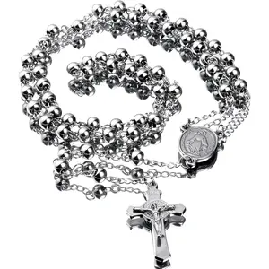 NA84 30" Stainless Steel Rosary Beads Necklace 6mm Silver Color with Jesus Christ Crucifix Cross