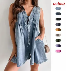 New Summer Collection-Womens Casual Sleeveless Tie Front Denim Romper Dress Overall Shorts Summer Jean Romper With Pocket Womenswear Suits Basic Brown