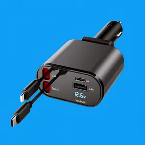 4 in 1 Retractable Fast Car Charger, Multi USB Charger, Dual Stretch Cables, USB-A & Type-C Ports, LED Display, Super Quick Charge for iPhone Android