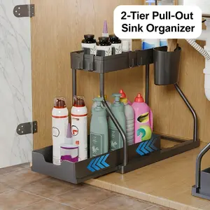 Black & White 2-Tier R-Shaped Pull Out Under Sink Organizer, Double Layer Drawer Storage Box for Kitchen Bathroom, Space Saving Narrow Cabinet Caddy, Sturdy Large Capacity Organizer for Cleaning Supplies Toiletries, Easy to Install Clean