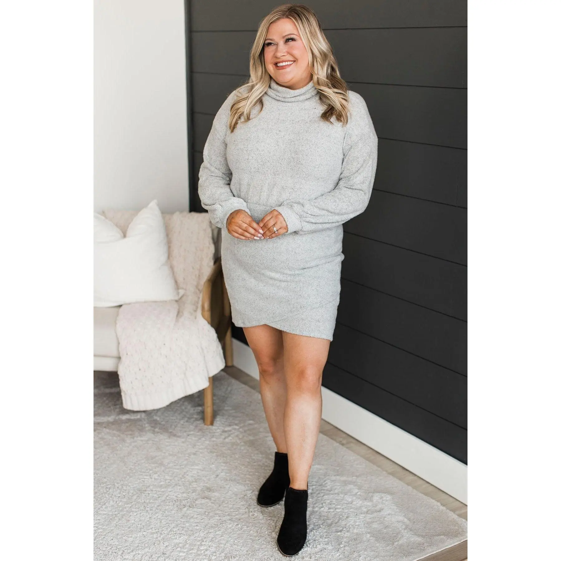 Women's Heather Grey Rayon Knit Dress - Stretchy, Soft, Fitted Long Sleeve Turtleneck Mini Dress with Elastic Waistband, Casual Basic
