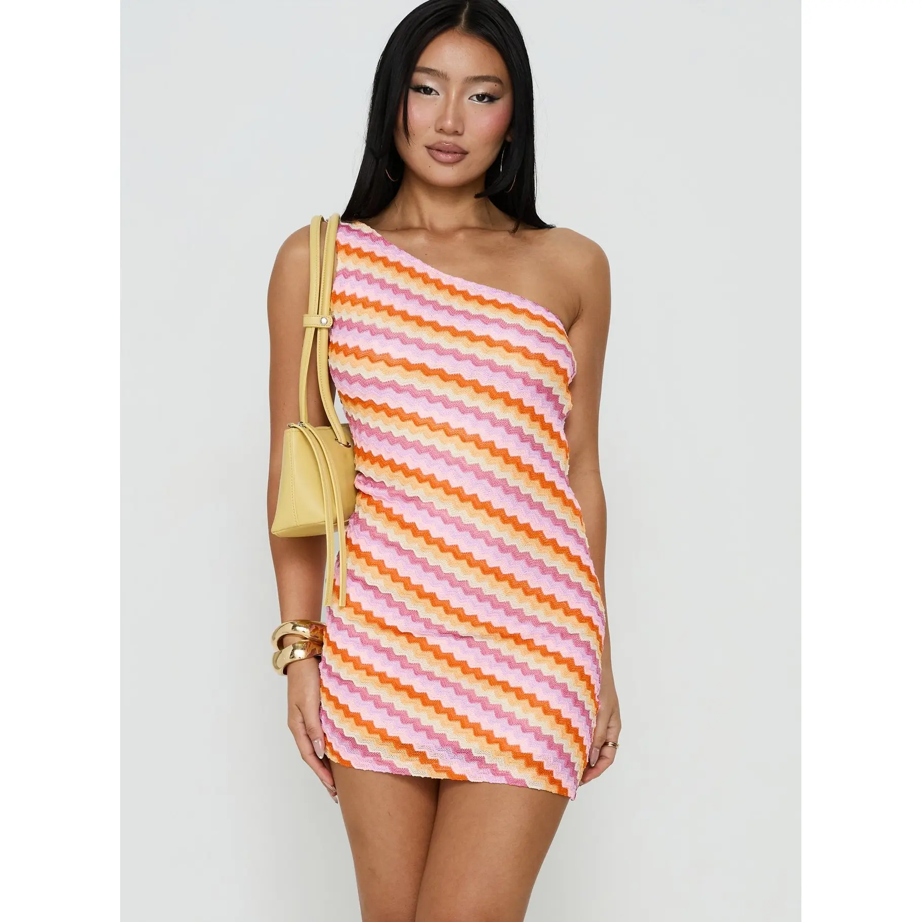 Alisia One Shoulder Knit Mini Dress Pink Stripe