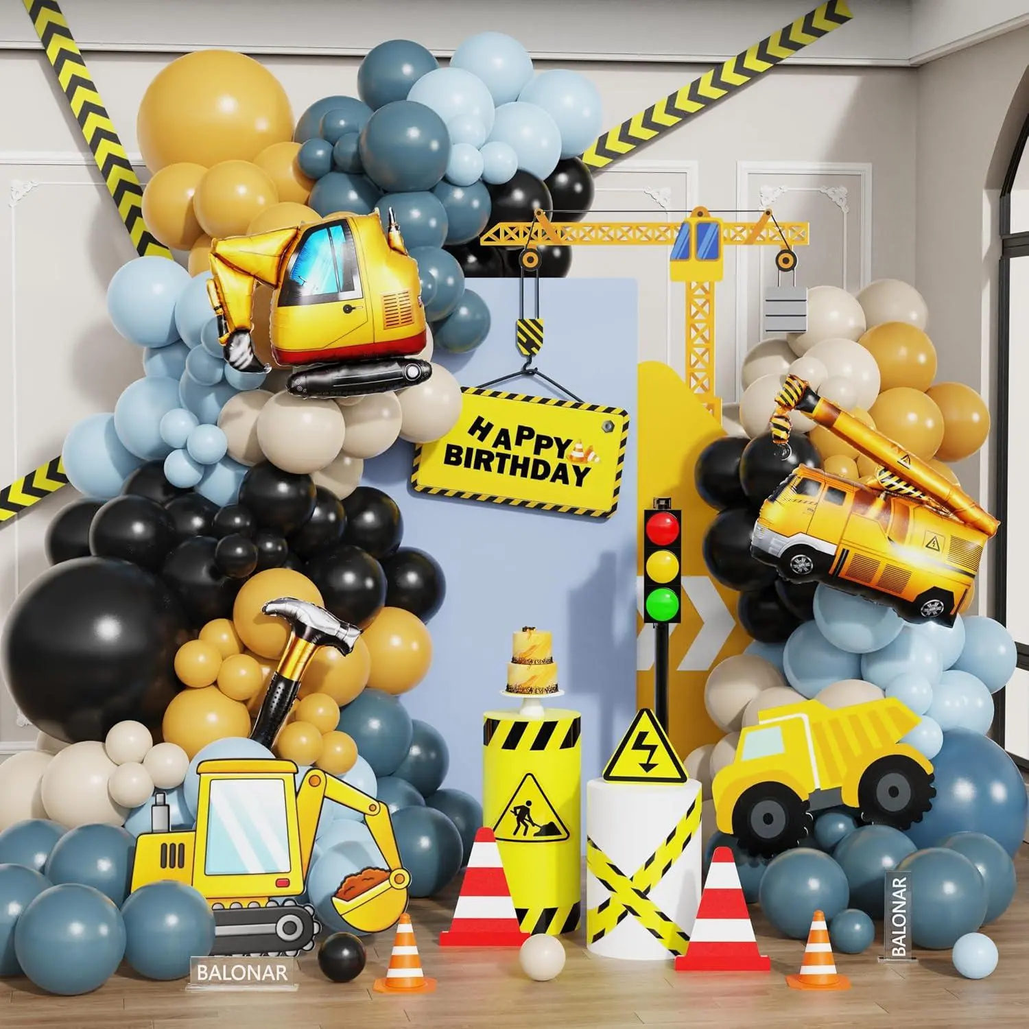 Construction Birthday Party Supplies 138Pcs Construction Balloons Arch Kit‌ Dusty Blue Yellow Black Latex Balloons For Birthday Baby Shower Trucker Appreciation Day Construction Party Decorations