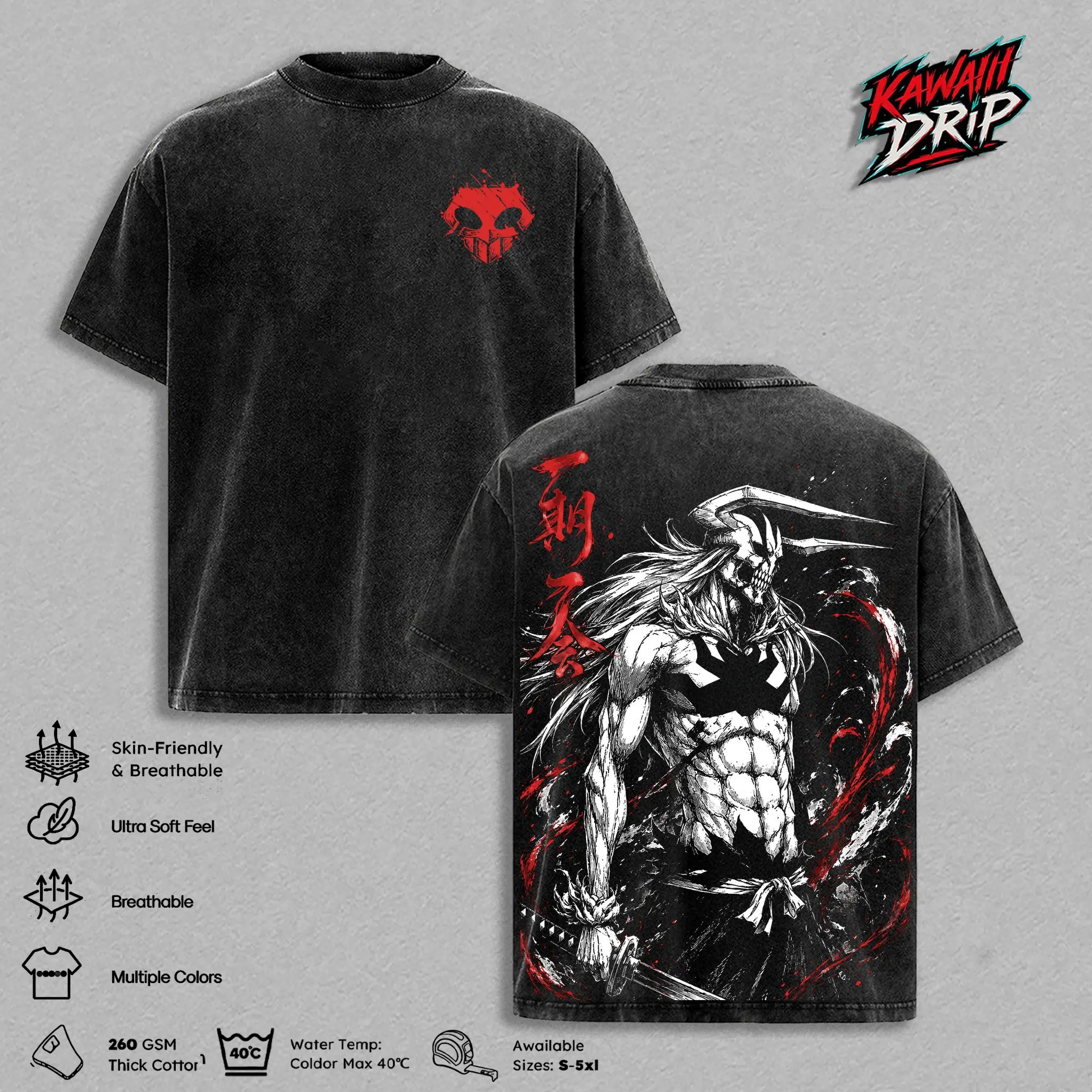 Ichigo Kurosaki Graphic Tee - Vintage Clothes Washed TShirt Hollow Form Bleach Streetwear Top Shirt Bleach Fan Gift Apparel Oversized Heavy Washed Anime Graphic T-Shirt for Men Women