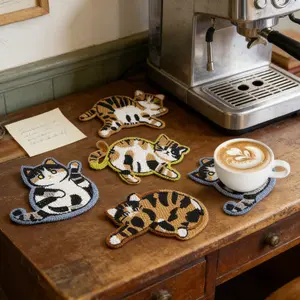 SICANDAENHK Protect your table in cute style!Set of 4 crochet cat coasters, soft woven insulation, ideal for home decor and unique gifts for cat lovers✨