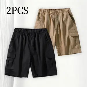 Teen Boys Casual Elastic Waist Shorts 2PCS Durable Side Pocket Easy Care Daily School Bottoms in Black & Khaki