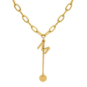 Trendy Gold Initial M Paperclip Chain Necklace • Water-resistant Titanium Steel Letter Jewelry for Women • Unique Y-Shape Drop Pendant Necklace • Gift for Her