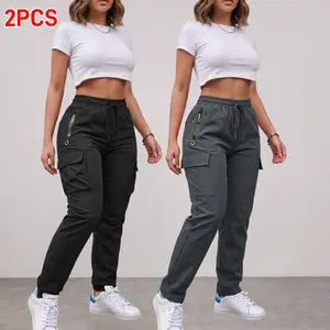 Women's 2PCS Lightweight Cargo Pants for Women - Bottom, Basic, Multiple Pockets, Drawstring, Zippered Pocket, Straight-Leg, Non-Stretch, All-Season Casual Pants for Outdoor Sports & Everyday Outings