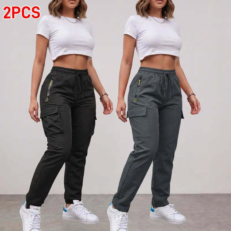 Women's 2-Piece Basic Cargo Clothes Set, Plain Polyester Lightweight Slim Outfit - Drawstring Cargo Bottom Pants, Long Sleeve Crop Top, Casual Everyday Outdoor Utility Wear,sohochic