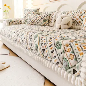 Bohemian Style Sofa Cover, Autumn Winter Plush Cushion, Geometric Pattern Soft Sofa Protector, Anti-Slip Pet Scratch Resistant, Living Room Decor