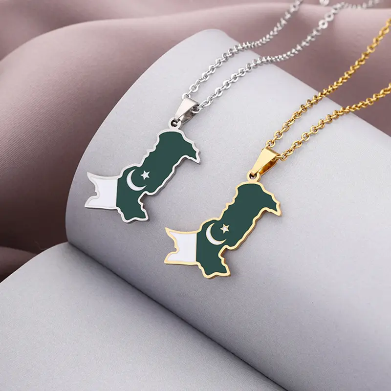 Vintage Water Drop Pakistan Map Flag Pendant Necklace Fashion Stainless Steel Women's Clavicle Chain
