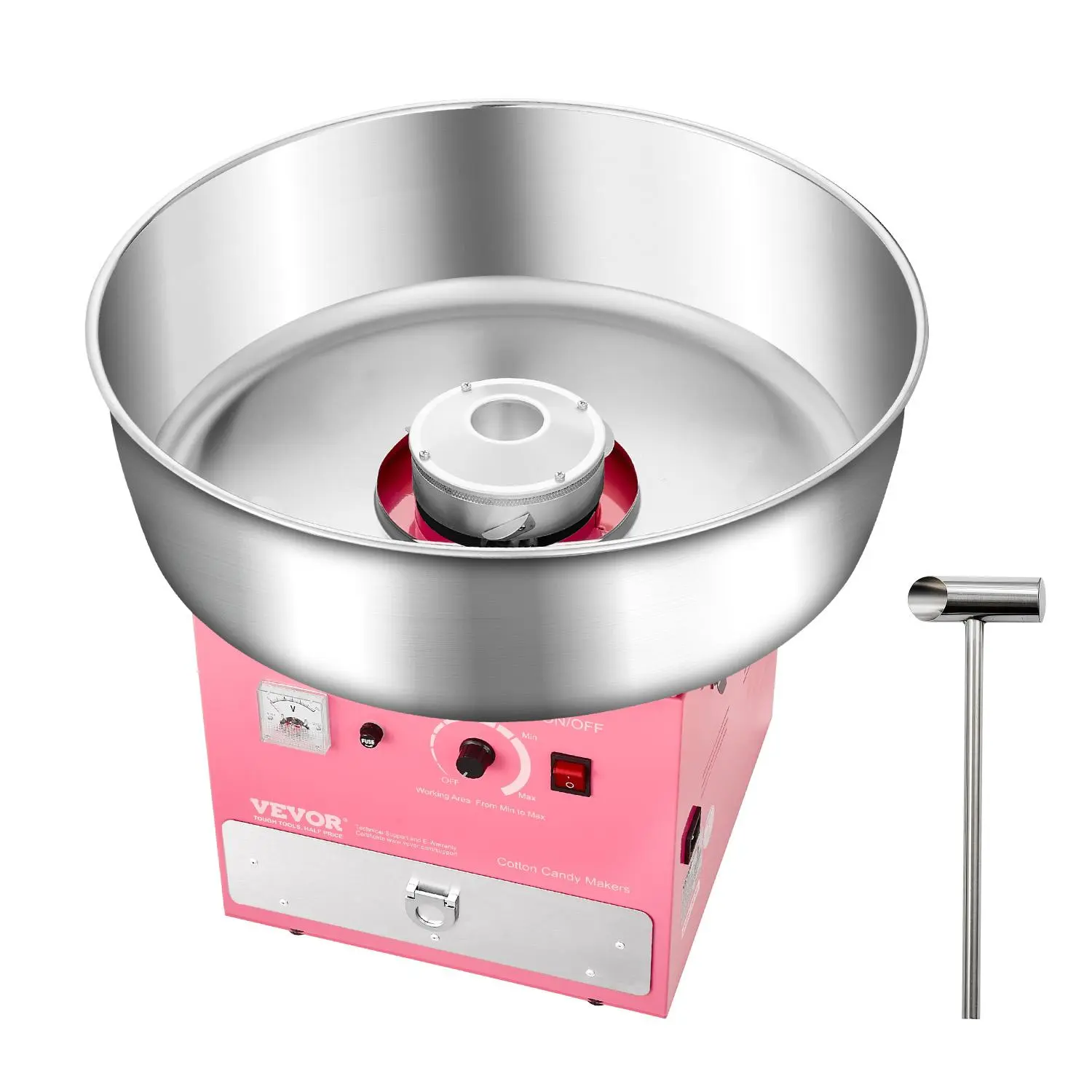 VEVOR Compact Commercial Countertop Cotton Candy Machine, 1000W Motor, 20.5in Stainless Steel Round Bowl, Adjustable Voltage Control, 6 Cones/Min, Sugar Spoon, Drawer, Candy Box, Pink, Ideal for Kids' Parties, All Seasons, Festivals
