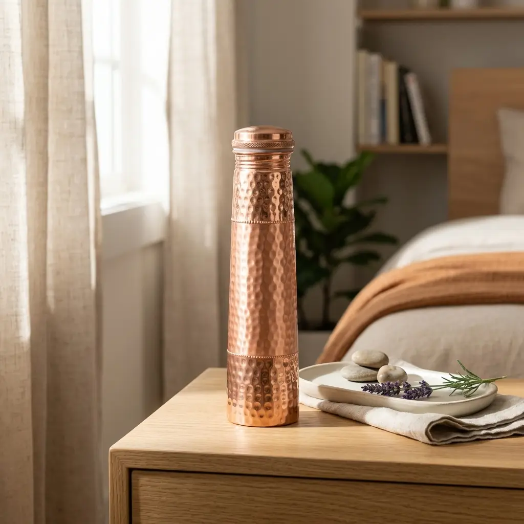 100% Pure Copper Portable Water Bottle - Handmade Hammered Traditional Ayurvedic Drinkware, Leakproof Lid, Reusable Kitchenware, Gift Box Included