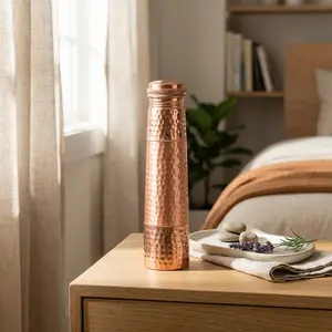 100% Pure Copper Portable Water Bottle - Handmade Hammered Traditional Ayurvedic Drinkware, Leakproof Lid, Reusable Kitchenware, Gift Box Included