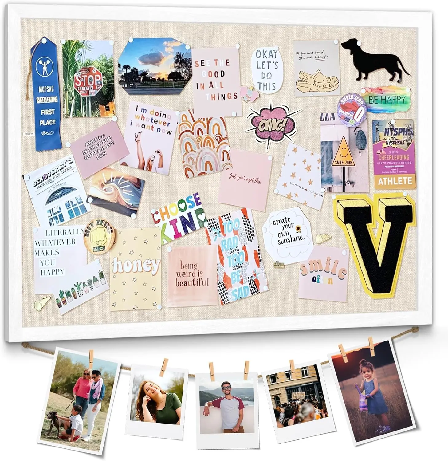 Large Bulletin Board 23x18inch with Linen Rope Cork Boards Wall Decor Picture Framed Display Board  Pin Board Vision Board Bulletin Cork Board for School Office Room   White