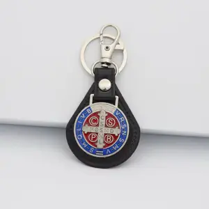 Llavero san Benito de protección de acero con cuero joyería religiosa para hombre y mujer