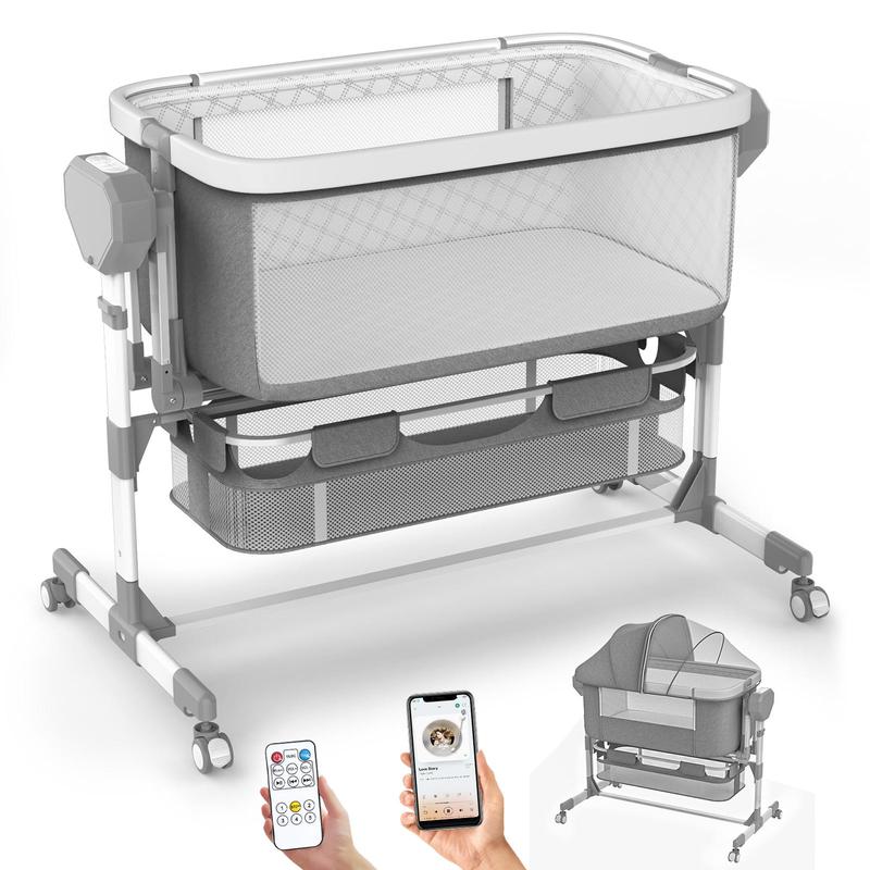 Electric Baby Bassinet with 6 Height Adjustments & 4 Lullabies, Stable Horizontal Swing, Bedside Sleeper, 3 Modes, Built-in Music, Bluetooth 5.0, 360° Rotating Wheels