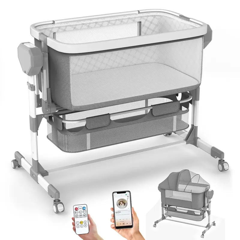 Electric Baby Bassinet with 6 Height Adjustments & 4 Lullabies, Stable Horizontal Swing, Bedside Sleeper, 3 Modes, Built-in Music, Bluetooth 5.0, 360° Rotating Wheels