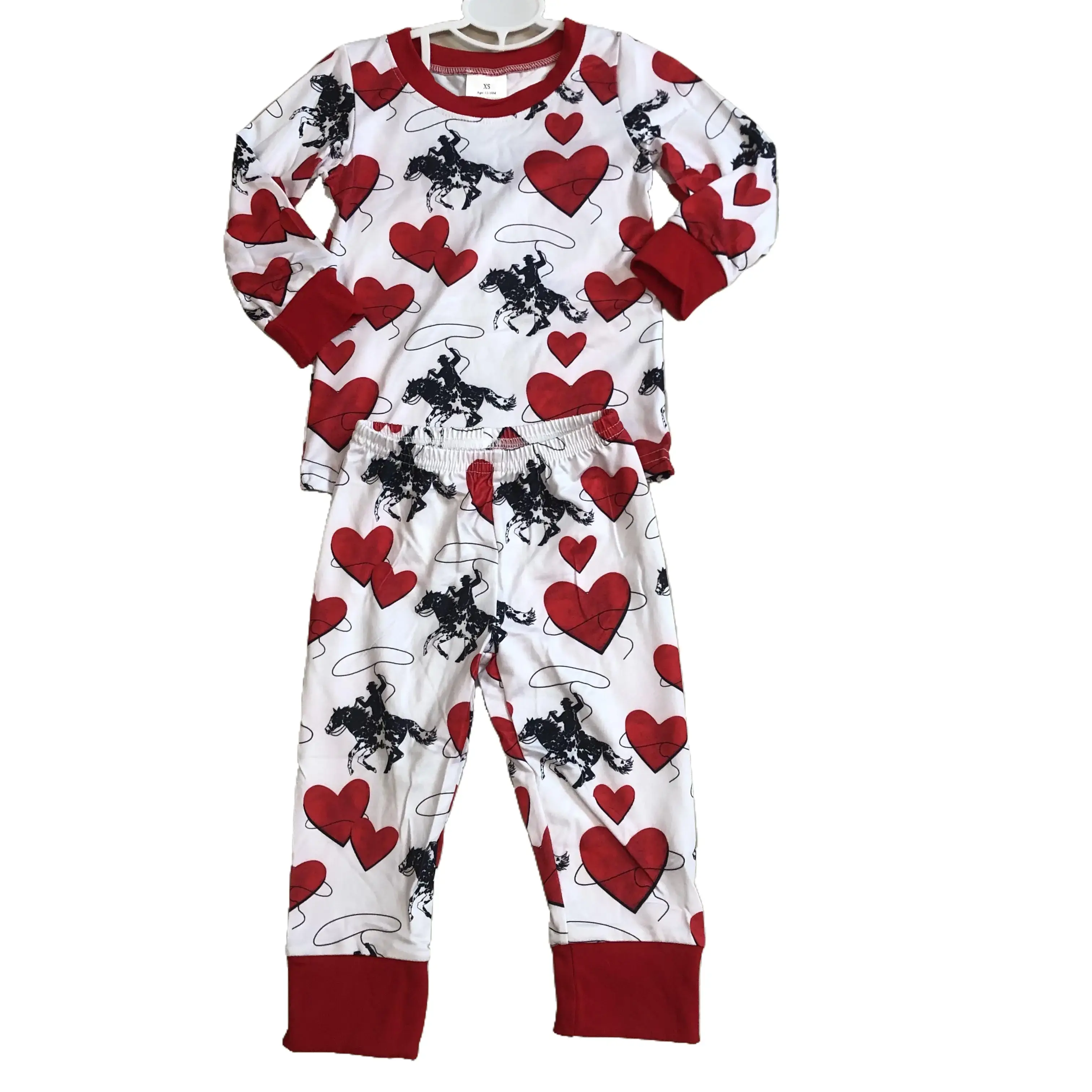 Boys' Valentine's Day Western 1-Piece Fitted Cotton-Spandex Mix Pajamas Sleepwear, Red Heart Horse Print Cute TTS Lounge Onesie, Style BLP0455