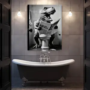 2D Flat Funny Dinosaur T-Rex on Toilet Cartoon Art Print, 1pc Multi-Size Wall Decoration, Canvas Painting for Bathroom, Living Room Home Decor Supplies