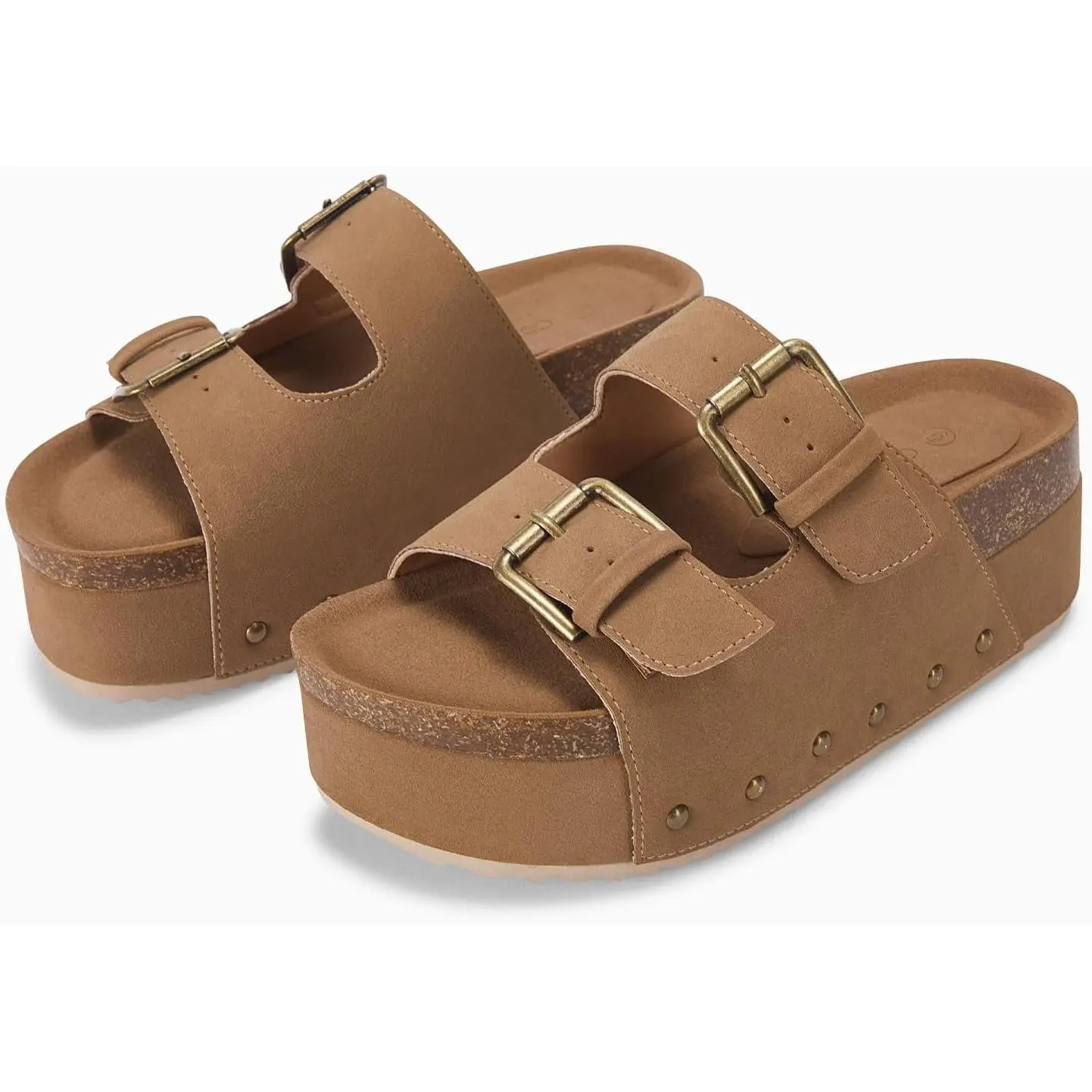PASLTER Women's Cork Platform Sandals Slip on Mules and Clogs Double Buckle Straps Summer Shoes