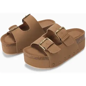PASLTER Women's Cork Platform Sandals Slip on Mules and Clogs Double Buckle Straps Summer Shoes