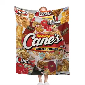 Cozy Canes Chicken Fingers Flannel Throw Blanket - Vibrant All-Season Decor for Living Room, Office, Sofa, Travel - Stylish Cartoon Design with Recognizable Menu Items, Soft Polyester, Knitted, Multic