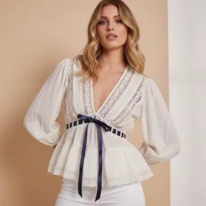 Women's V-neck Lace Long Sleeved Lace Up Top Boho Casual And Fashionable Autumn Outfit
