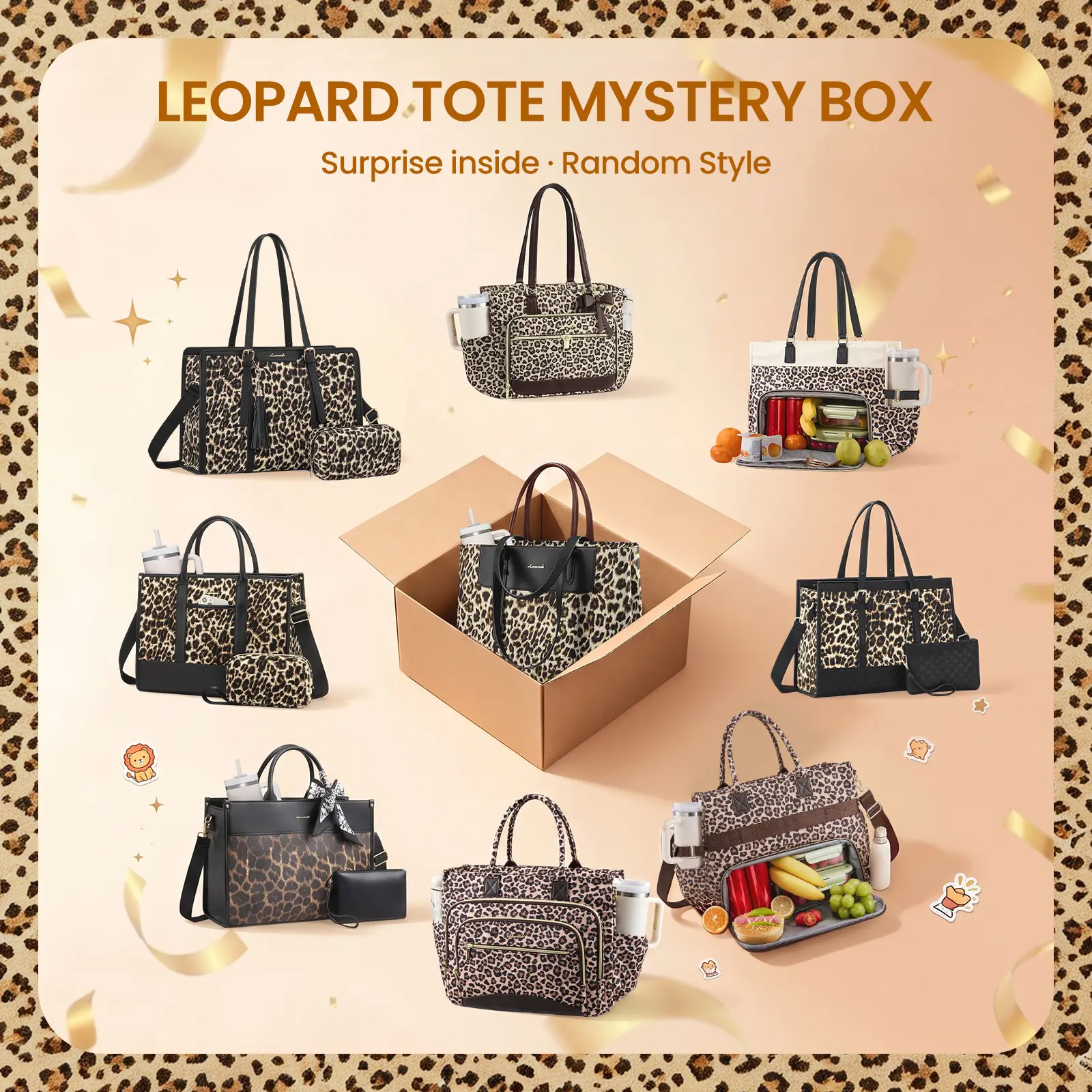 LOVEVOOK Mystery Leopard Tote Bag Box, 15.6''&17.3'' Random Style Women Leopard Print Shoulder Tote & Insulated Lunch Tote Bag, Large Capacity Reusable Handbag, Perfect for Work, Office Commute, Picnic, Travel & Daily Use.