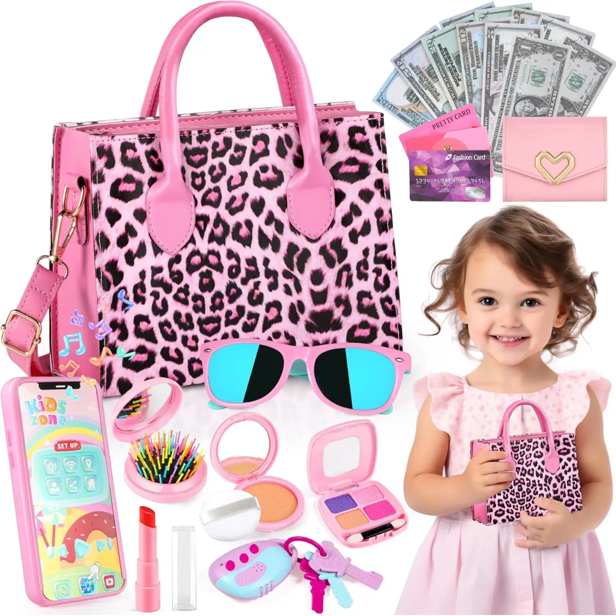 Kids Play Purse for Little Girls Toddlers, Toy Purse with Accessories, Wallet, Fake Phone, Fake Makeup Toys & Play Jewelry, Toddler Pretend Play Toys for Girls, Little Girl Gifts Age 3 4 5 6 Year Old