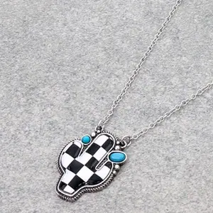 Checkered Cactus Necklace with Black & White Checkerboard Design, Featuring Cactus Pendant and Blue-Tinted Beads