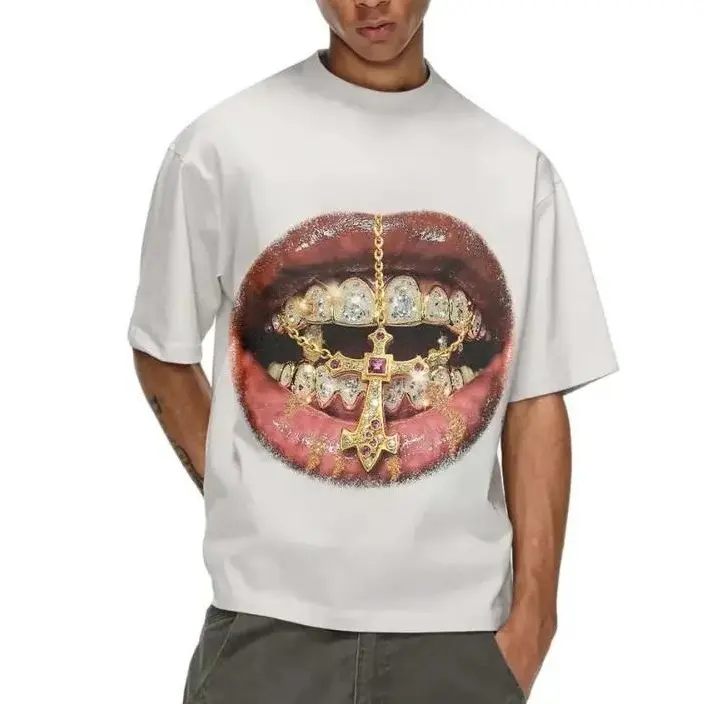 High-Quality Golden Cross Diamond Patch Grills Print Y2k T-shirt, Unisex Cotton Crewneck T-Shirt - Medium, Short Sleeve, Casual Streetwear Printed Tee