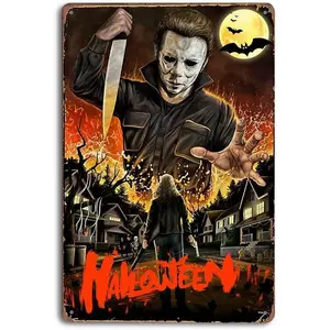 12x8 Inch Vintage Halloween Metal Tin Sign - Retro Horror Movie Theme Wall Art - Perfect for Home Bar, Man Cave, Coffee Shop Decor - Spooky Masked Man & Haunted House Design(C168) Room Gothic