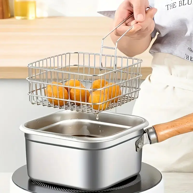 Stainless Steel Square Deep Fryer Pot with Lid, Large Capacity Oil Draining Kitchen Cookware, Portable Noodle Boiling Pot
